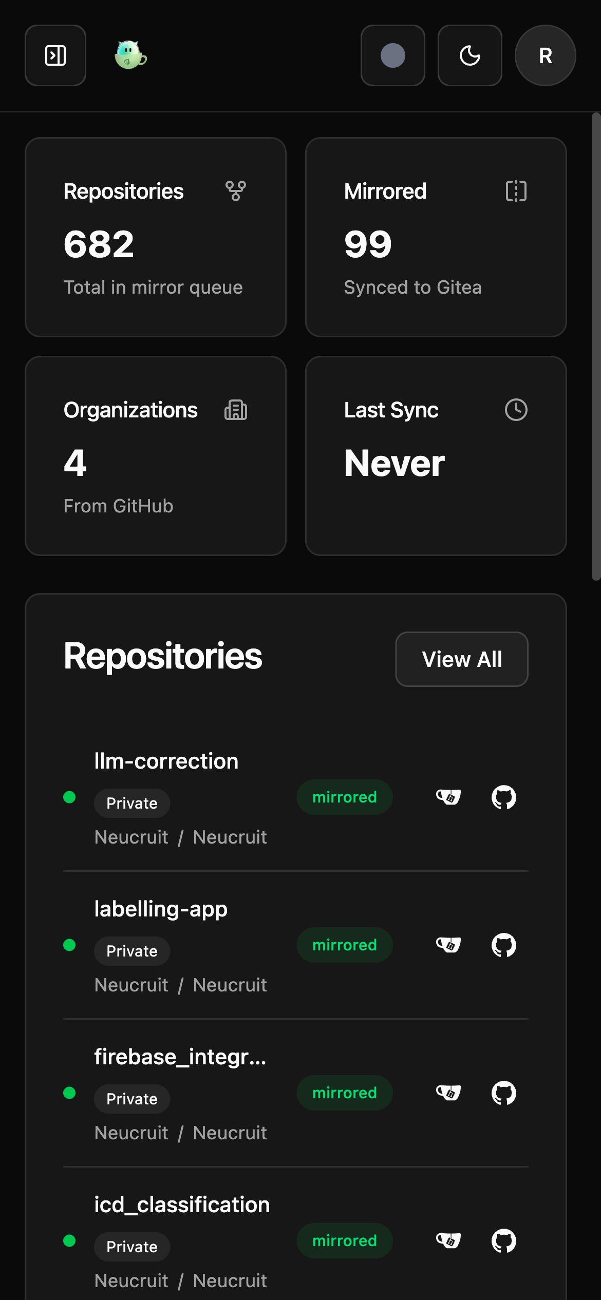 Mobile view of the Gitea Mirror dashboard running inside a Proxmox LXC container.